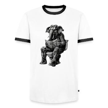 Elefant auf Toilette mit Zeitung – Schwarz-Weiß - Männer Kontrast-T-Shirt - Weiß/Schwarz - Vorne - AI Model Female 172 light (172cm) & AI Model Male 178 dark (178cm)