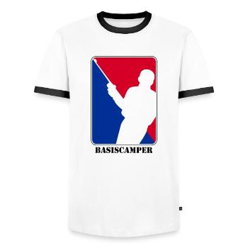 Nerd Gamer - Basiscamper im Rot Blau Logo Design - Männer Kontrast-T-Shirt - Weiß/Schwarz - Vorne - AI Model Female 172 light (172cm) & AI Model Male 178 dark (178cm)