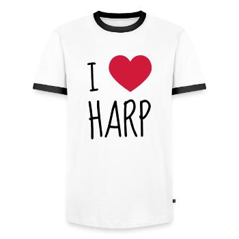 Harp - Harpe - Harfe - Music - Musique - Men's Ringer Shirt - white/black - Front - AI Model Female 172 light (172cm) & AI Model Male 178 dark (178cm)