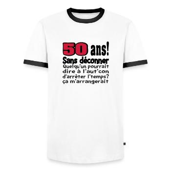 DESIGN,HUMOUR,MOTIF AMUSANT, DROLE,ANNIVERSAIRE, - T-shirt contrasté Homme - blanc/noir - Devant - AI Model Female 172 light (172cm) & AI Model Male 178 dark (178cm)