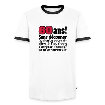 DESIGN,HUMOUR,MOTIF, DROLE,ANNIVERSAIRE,TEE SHIRT - T-shirt contrasté Homme - blanc/noir - Devant - AI Model Female 172 light (172cm) & AI Model Male 178 dark (178cm)