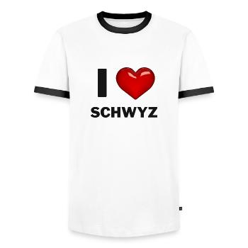 I Love Delsberg - Männer Kontrast-T-Shirt - Weiß/Schwarz - Vorne - AI Model Female 172 light (172cm) & AI Model Male 178 dark (178cm)