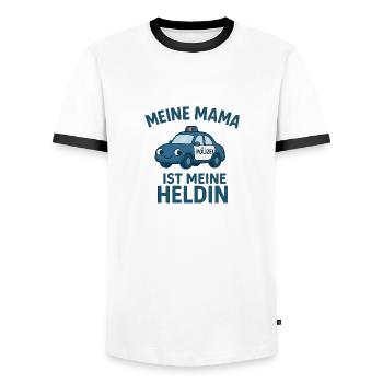 Logo Polizei Kinder "Meine Mama ist meine Heldin" - Männer Kontrast-T-Shirt - Weiß/Schwarz - Vorne - AI Model Female 172 light (172cm) & AI Model Male 178 dark (178cm)