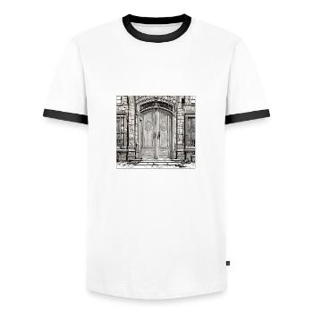 Door / Entrance / Lock / Gate / Front Door / Design - Men's Ringer Shirt - white/black - Front - AI Model Female 172 light (172cm) & AI Model Male 178 dark (178cm)