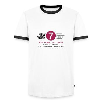 New York City U-Bahn Subway 7 Manhattan Queens NYC - Männer Kontrast-T-Shirt - Weiß/Schwarz - Vorne - AI Model Female 172 light (172cm) & AI Model Male 178 dark (178cm)