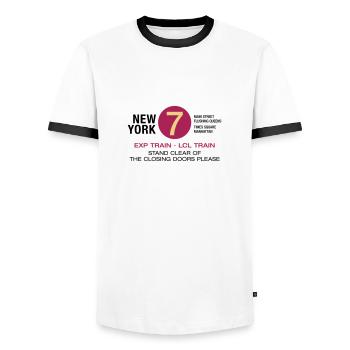 New York City U-Bahn Subway 7 Manhattan Queens NYC - Männer Kontrast-T-Shirt - Weiß/Schwarz - Vorne - AI Model Female 172 light (172cm) & AI Model Male 178 dark (178cm)