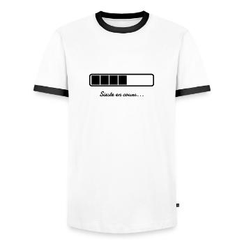 Sieste en cours - Humour - Drôle - Blague - Fun - T-shirt contrasté Homme - blanc/noir - Devant - AI Model Female 172 light (172cm) & AI Model Male 178 dark (178cm)
