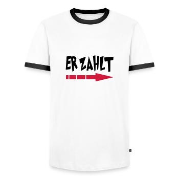 er_zahlt - Men's Ringer Shirt - white/black - Front - AI Model Female 172 light (172cm) & AI Model Male 178 dark (178cm)