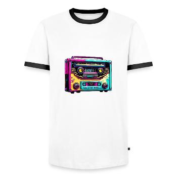 Radio / Analog / Music / Frequency / Speakers - Men's Ringer Shirt - white/black - Front - AI Model Female 172 light (172cm) & AI Model Male 178 dark (178cm)