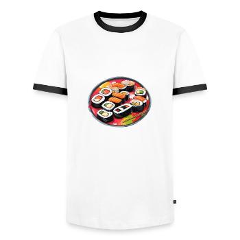 Sushi / Maki / Nigiri / Wasabi / Asiatique - T-shirt contrasté Homme - blanc/noir - Devant - AI Model Female 172 light (172cm) & AI Model Male 178 dark (178cm)
