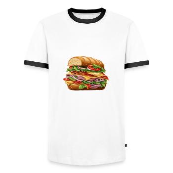 Sandwich / Sandwich / Nourriture / Épicerie - T-shirt contrasté Homme - blanc/noir - Devant - AI Model Female 172 light (172cm) & AI Model Male 178 dark (178cm)