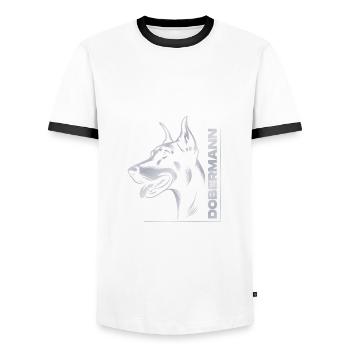 Doberman Pinscher, Dog Head, Silver Drawing - Men's Ringer Shirt - white/black - Front - AI Model Female 172 light (172cm) & AI Model Male 178 dark (178cm)