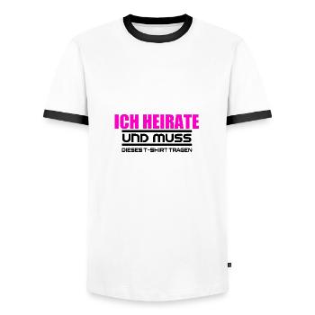 Bachelor Party / Marriage / T-shirt / Bachelor Party - Men's Ringer Shirt - white/black - Front - AI Model Female 172 light (172cm) & AI Model Male 178 dark (178cm)