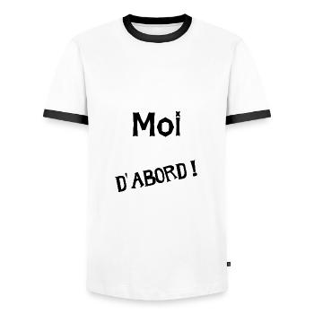 MOI D'ABORD. HUMOUR - T-shirt contrasté Homme - blanc/noir - Devant - AI Model Female 172 light (172cm) & AI Model Male 178 dark (178cm)