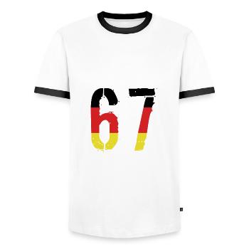 67 Zahl Deutschland Trikot - Männer Kontrast-T-Shirt - Weiß/Schwarz - Vorne - AI Model Female 172 light (172cm) & AI Model Male 178 dark (178cm)