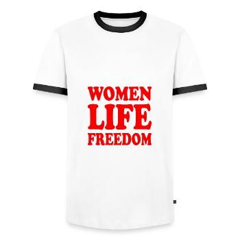 Women life freedom - Men's Ringer Shirt - white/black - Front - AI Model Female 172 light (172cm) & AI Model Male 178 dark (178cm)
