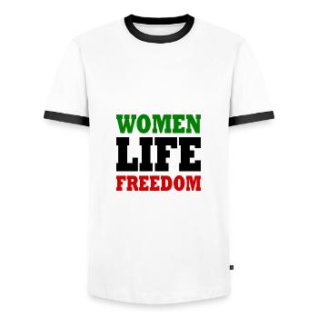 Women life freedom iran - Men's Ringer Shirt - white/black - Front - AI Model Female 172 light (172cm) & AI Model Male 178 dark (178cm)