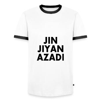jin jiyan azadi - Männer Kontrast-T-Shirt - Weiß/Schwarz - Vorne - AI Model Female 172 light (172cm) & AI Model Male 178 dark (178cm)