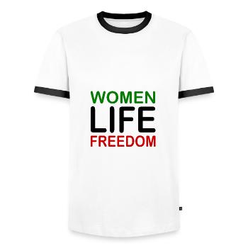 Women life freedom - Men's Ringer Shirt - white/black - Front - AI Model Female 172 light (172cm) & AI Model Male 178 dark (178cm)
