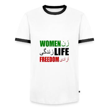 Women life freedom - Men's Ringer Shirt - white/black - Front - AI Model Female 172 light (172cm) & AI Model Male 178 dark (178cm)