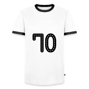 70 YEARS. 70th ANNIVERSARY. ANNIVERSARY 70 YEARS. 70 - Men's Ringer Shirt - white/black - Front - AI Model Female 172 light (172cm) & AI Model Male 178 dark (178cm)