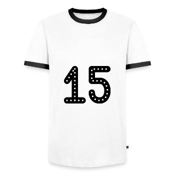 15 JAHRE. 15-jähriges JUBILÄUM. GEBURTSTAG 15 JAHRE. 15 - Männer Kontrast-T-Shirt - Weiß/Schwarz - Vorne - AI Model Female 172 light (172cm) & AI Model Male 178 dark (178cm)