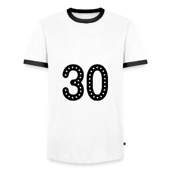 30 JAHRE. 30-jähriges JUBILÄUM. JUBILÄUM 30 JAHRE. 30 - Männer Kontrast-T-Shirt - Weiß/Schwarz - Vorne - AI Model Female 172 light (172cm) & AI Model Male 178 dark (178cm)