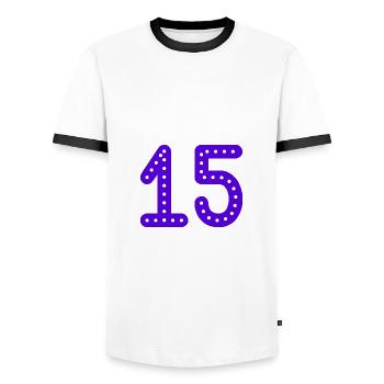 15 YEARS. 15th ANNIVERSARY. BIRTHDAY 15 YEARS. 15 - Men's Ringer Shirt - white/black - Front - AI Model Female 172 light (172cm) & AI Model Male 178 dark (178cm)