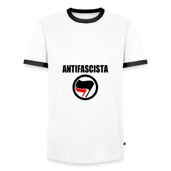 antifascista - Men's Ringer Shirt - white/black - Front - AI Model Female 172 light (172cm) & AI Model Male 178 dark (178cm)