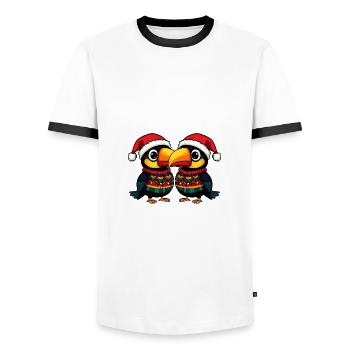L’équipe de Noël de Toucan Bird - T-shirt contrasté Homme - blanc/noir - Devant - AI Model Female 172 light (172cm) & AI Model Male 178 dark (178cm)