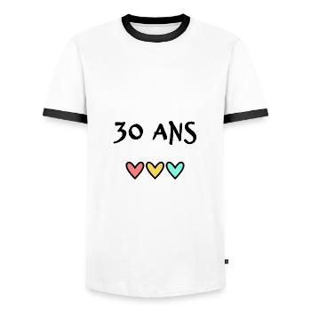 30 ANS. 30e ANNIVERSAIRE. ANNIVERSAIRE 30 ANS. 30 - T-shirt contrasté Homme - blanc/noir - Devant - AI Model Female 172 light (172cm) & AI Model Male 178 dark (178cm)