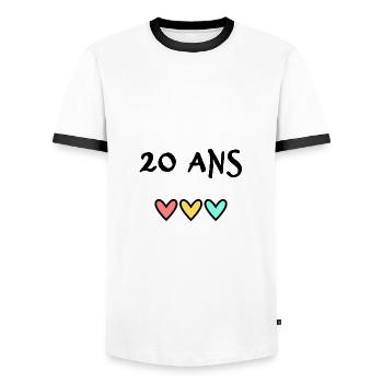 20 ANS. 20e ANNIVERSAIRE. ANNIVERSAIRE 20 ANS. 20 - T-shirt contrasté Homme - blanc/noir - Devant - AI Model Female 172 light (172cm) & AI Model Male 178 dark (178cm)