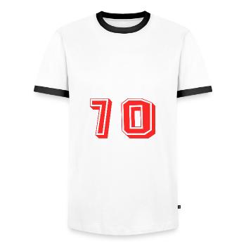 70 YEARS. 70th ANNIVERSARY. ANNIVERSARY 70 YEARS. 70 - Men's Ringer Shirt - white/black - Front - AI Model Female 172 light (172cm) & AI Model Male 178 dark (178cm)