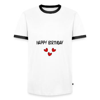 HAPPY BIRTHDAY. HAPPY BIRTHDAY. ANNIVERSARY. - Men's Ringer Shirt - white/black - Front - AI Model Female 172 light (172cm) & AI Model Male 178 dark (178cm)