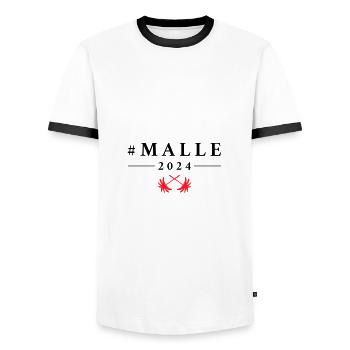 Visite de Malle 2024 à Majorque - T-shirt contrasté Homme - blanc/noir - Devant - AI Model Female 172 light (172cm) & AI Model Male 178 dark (178cm)