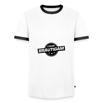 Team Groom Wedding Party Wedding - Men's Ringer Shirt - white/black - Front - AI Model Female 172 light (172cm) & AI Model Male 178 dark (178cm)