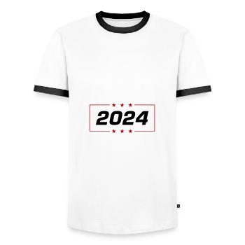 2024 year - Men's Ringer Shirt - white/black - Front - AI Model Female 172 light (172cm) & AI Model Male 178 dark (178cm)