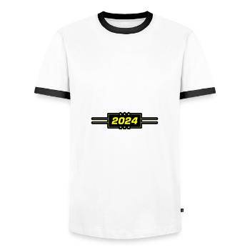 2024 year - Men's Ringer Shirt - white/black - Front - AI Model Female 172 light (172cm) & AI Model Male 178 dark (178cm)