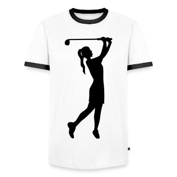Golferin Silhouette, Golf Abschlag Damen Golf  - Männer Kontrast-T-Shirt - Weiß/Schwarz - Vorne - AI Model Female 172 light (172cm) & AI Model Male 178 dark (178cm)
