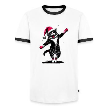 Chat dansant dans la neige avec le chapeau du Père Noël - T-shirt contrasté Homme - blanc/noir - Devant - AI Model Female 172 light (172cm) & AI Model Male 178 dark (178cm)