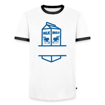 Blue Milk Carton with Cow Own Text - Men's Ringer Shirt - white/black - Front - AI Model Female 172 light (172cm) & AI Model Male 178 dark (178cm)
