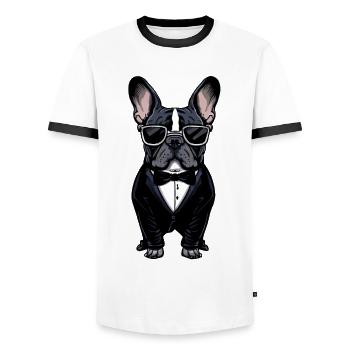 French Bulldog in Tuxedo - Men's Ringer Shirt - white/black - Front - AI Model Female 172 light (172cm) & AI Model Male 178 dark (178cm)