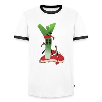 Lauch vs. Steak! Vegan-Power! - Männer Kontrast-T-Shirt - Weiß/Schwarz - Vorne - AI Model Female 172 light (172cm) & AI Model Male 178 dark (178cm)