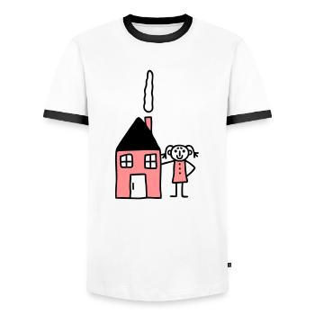 Frau am Haus - V2 - Männer Kontrast-T-Shirt - Weiß/Schwarz - Vorne - AI Model Female 172 light (172cm) & AI Model Male 178 dark (178cm)