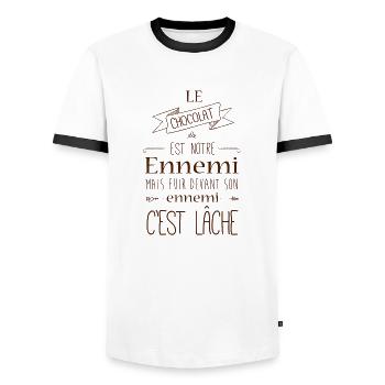 Le chocolat est notre ennemi - T-shirt contrasté Homme - blanc/noir - Devant - AI Model Female 172 light (172cm) & AI Model Male 178 dark (178cm)