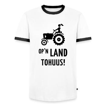 Op’n Land tohuus! (Landfrau / Plattdeutsch) - Männer Kontrast-T-Shirt - Weiß/Schwarz - Vorne - AI Model Female 172 light (172cm) & AI Model Male 178 dark (178cm)