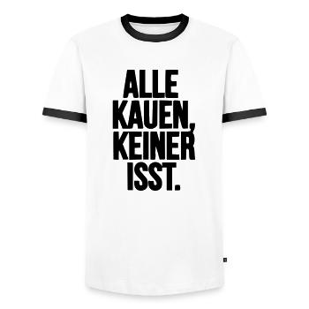 Alle kauen, keiner isst. / Techno / Droge - Männer Kontrast-T-Shirt - Weiß/Schwarz - Vorne - AI Model Female 172 light (172cm) & AI Model Male 178 dark (178cm)