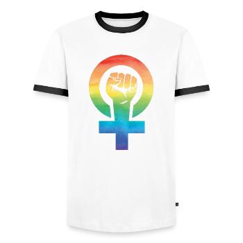 Féminis Poing Arc-en-ciel LGBT Gay Pride - T-shirt contrasté Homme - blanc/noir - Devant - AI Model Female 172 light (172cm) & AI Model Male 178 dark (178cm)