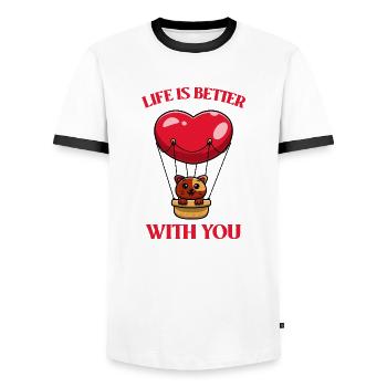 Katze im Heißluftballon - Männer Kontrast-T-Shirt - Weiß/Schwarz - Vorne - AI Model Female 172 light (172cm) & AI Model Male 178 dark (178cm)
