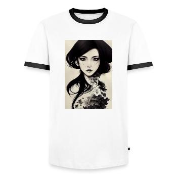 Femme japonaise peinte à l’encre noire - T-shirt contrasté Homme - blanc/noir - Devant - AI Model Female 172 light (172cm) & AI Model Male 178 dark (178cm)
